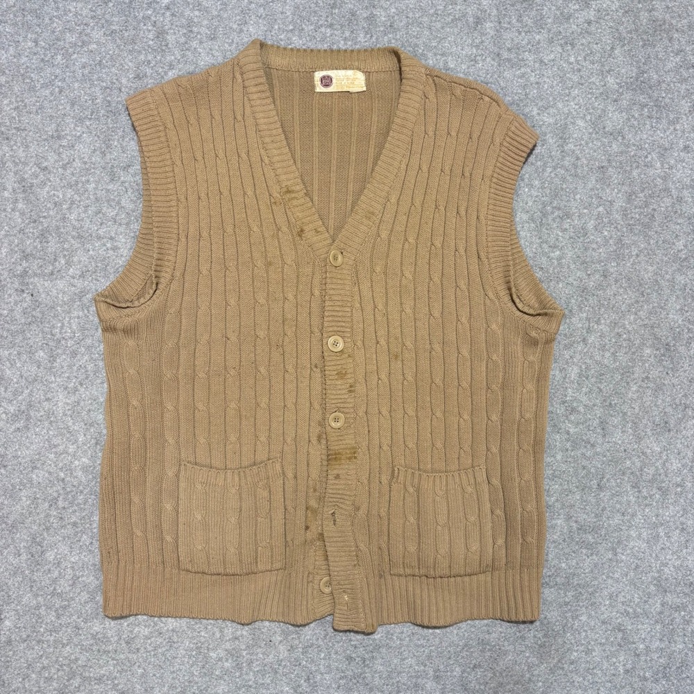 Vintage Kings Road Sears Mens Cable Knit Cardigan Sweater Vest Tan XL Acrylic
